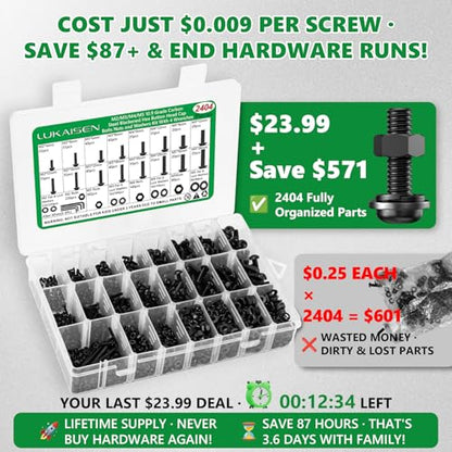 2404PCS Screw Assortment Kit, M2-M5 10.9 Alloy Steel Hex Button Cap Bolts | With Nuts & Flat Washers & Lock Washers & Wrench, Black Zinc Plated High-Tensile, Length 4-20mm, for 3D Printing, DIY, Home - size: M2 M3 M4 M5 2404pcs 2