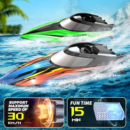 BEZGAR 2 Pack 12 Inch 30 KPH Fast RC Boats with LED Lights & Case | 30 KPH Speed remote control boats; 8-Shaped Stunt Mode; LED Lights & Storage Case; Waterproof Boats for Pools & Lakes - color: Green