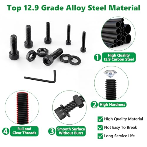 631PCS M3 Hex Socket Head Cap Screws, 12.9 Alloy Steel Bolts Kit | High-Tensile, M3 x 6/8/10/12/16/20mm, With Flat Washers & Allen Wrench, Black Zinc Plated For 3D Printing,RC,DIY - size: M3 631pcs 3
