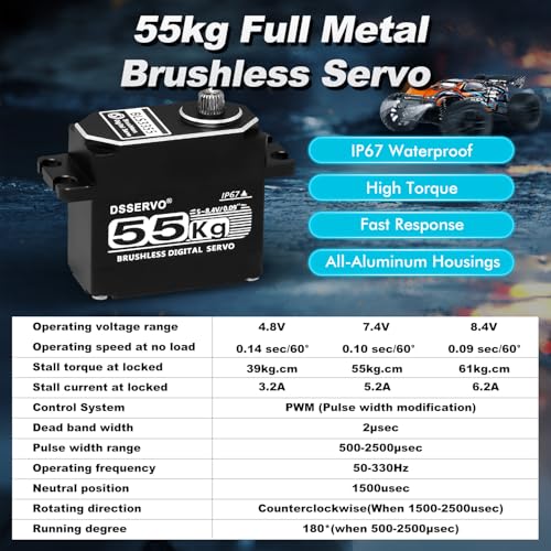 Brushless Servo 55KG Servo Full Metal High Torque Servo Digital RC Servo Motor for TRX4 TRX6 SCX10 III VS4-10 GEN7 1/10 RC Crawler Car Upgrade Parts High Torque Waterproof 180°