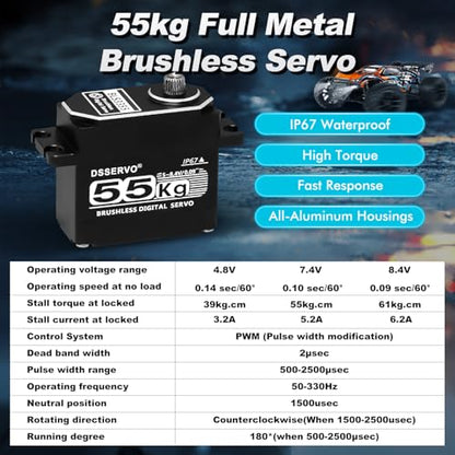 Brushless Servo 55KG Servo Full Metal High Torque Servo Digital RC Servo Motor for TRX4 TRX6 SCX10 III VS4-10 GEN7 1/10 RC Crawler Car Upgrade Parts High Torque Waterproof 180°