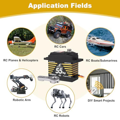 HobbyPark Waterproof 55kg Servos Brushless Motor High Torque RC Steering Servo Fast Speed Standard Size HV Stainless Steel Metal Gears for 1/8 1/10 RC Crawler Car Truck Buggy 180° Programmable