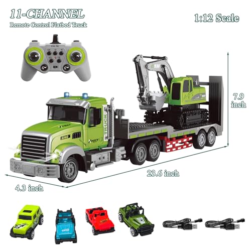 Fistone RC Semi-Trailer Truck & Excavator Toy Set, 1:12 Scale with Sound and Lights, 2.4Ghz Remote Control Flatbed Truck and Excavator Toys for Boys 6-12 Years Old - style: Truck & Excavator Toy