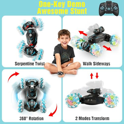 Gesture Sensing Remote Control Car, RC Cars Toys for Boys Age 6-12, 4WD Hand Controlled Twist & Transform 360° Spins Stunt Car with Mist, Light & Music, 8-10 Year Old Boys Birthday Gift Blue - color: Blue