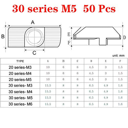 50pcs 3030 Series M5 Thread T Nuts Hammer Head Fastener Nut Sliding T-Nut,Nickel Plated Carbon Steel Nut for 30 Series Aluminum Extrusion Profile T Slot 8mm (3030 Series M5) - size: 3030 Series M5