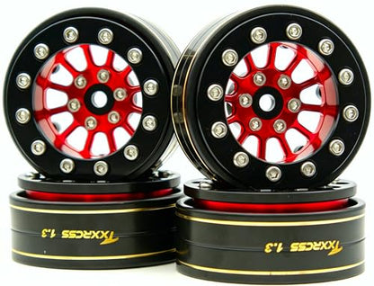 1.3 Beadlock Wheels & Brass Rim 46.5g Offset-3mm for 1/18 1/24 RC TF (Red Black) - color: Red Black