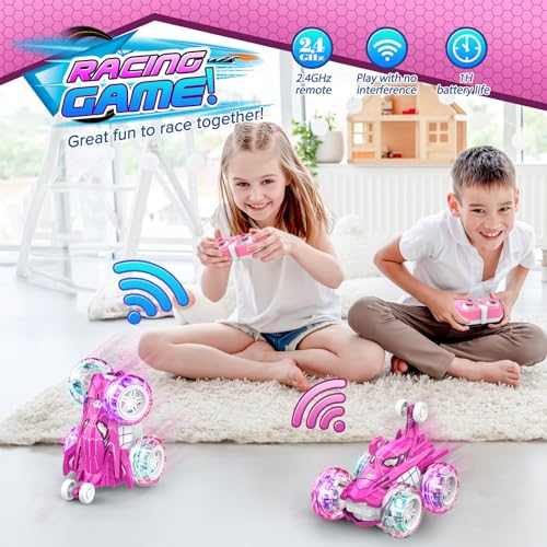 Remote Control Car, 360° flips 2.4GHz Fast Stunt Rechargeable 4WD Double Sided RC Car Toys for 3 4 5 6 7 8 Year Old Gilrs Boys, Fun Outdoor Birthday Xmas Halloween Easter Gifts for Girls 3-8 Year Old - color: Pink & White
