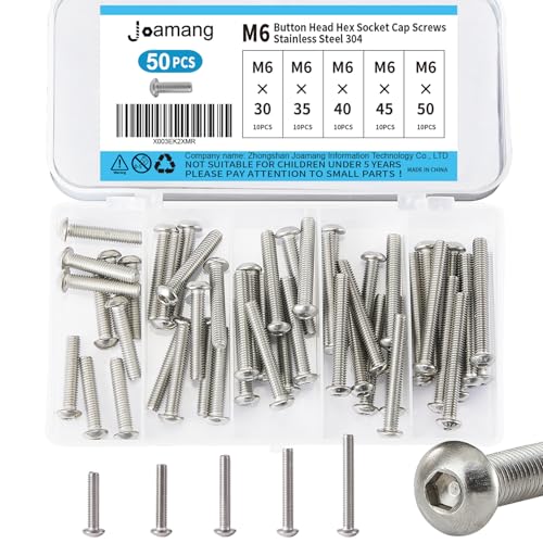 M6 x 30mm 35mm 40mm 45mm 50mm Button Head Socket Cap Screws Bolts, Stainless Steel 304, Metric Allen Hex Drive, Bright Finish, Fully Threaded, Assortment Kit 50PCS - size: Button M6x30-50 mm
