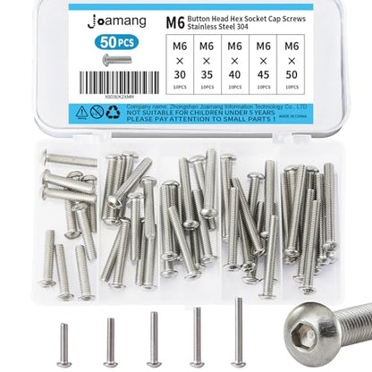 M6 x 30mm 35mm 40mm 45mm 50mm Button Head Socket Cap Screws Bolts, Stainless Steel 304, Metric Allen Hex Drive, Bright Finish, Fully Threaded, Assortment Kit 50PCS - size: Button M6x30-50 mm