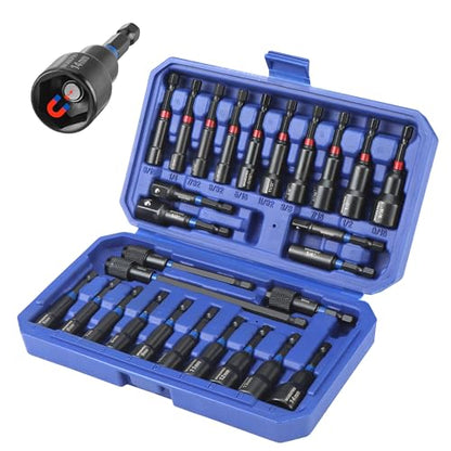 WORKPRO 27 PCS Magnetic Nut Driver Set with Quick-Release Extensions | Impact Drill Driver Bit 1/4" Hex Shank, SAE & Metric Cr-V Power Nut Drivers, Impact Socket Adapters, Bit Holder and Toolbox - size: 27PCS Magnetic Nut Driver Set