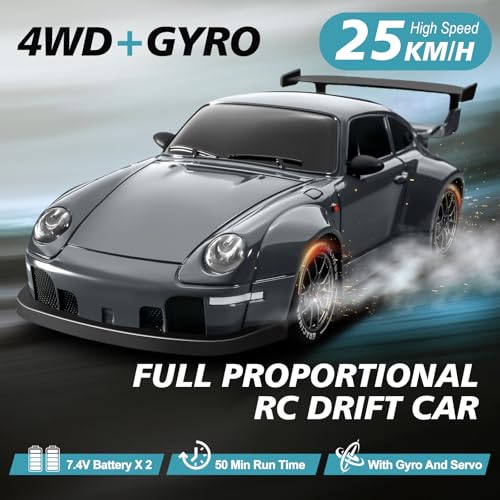 RC Drift Car Pro Upgraded with Gyro, 1:24 Full Proportional Remote Control Car, 25KM/H 4WD High Speed RC Cars with Lights, Extra Racing Tires, Vehicle for Adults Kids Boys Girls, Gray - color: Gray