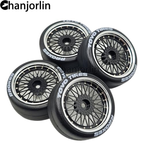 1/10 RC Drift Smooth Tires OD 2.56" & Aluminum Wheels 12mm Hex Hard Drift Racing Tyres for 1:10 1/12 Rally Street On Road Touring Car TT01 TT02 XV02 XV01 TA06 KYOSHO PTG2 4PCS (Black) - color: Black