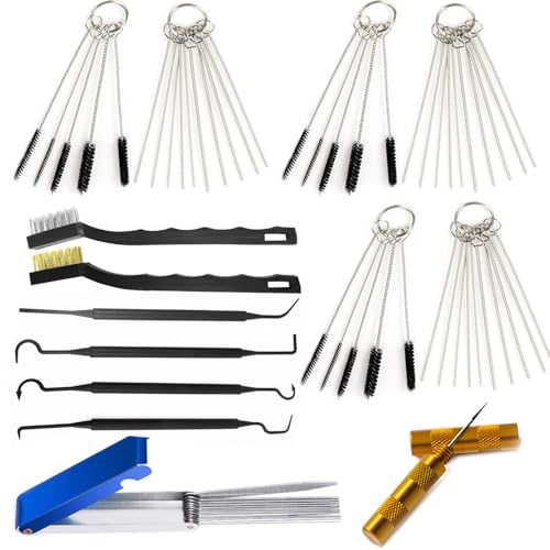 Carburetor Cleaner Tool Kit, Airbrush Torch Tip Cleaner Set Include 2 Single Head Brushes 30 Needles 15 Nylon Brushes 13 Cleaning Wires 1 Scraper 4 Clean Hooks for Motorcycle ATV Chainsaw Welder