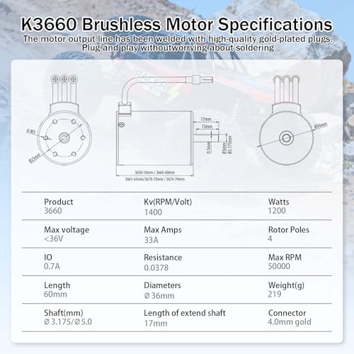 3660 1400kv Brushless Motor 4-Pole 3.175mm Shaft High Speed Waterproof Sensorless Motor for Most of 1:10 Scale RC Vehicles Truck Update Parts - style: KK3660 Motor 1400KV