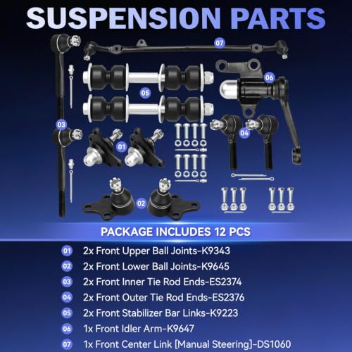 IRONTEK 12PC Set Front Suspension Kit for Toyota Pickup 1989-1995, RWD ONLY | Tie Rod Ends Ball Joints Sway Bar Links Center Link Idler Arm Replace ES2374 ES2376 K9223 K9343 K9645 K9647 DS1060