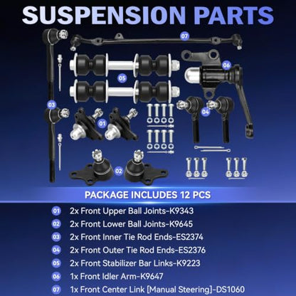 IRONTEK 12PC Set Front Suspension Kit for Toyota Pickup 1989-1995, RWD ONLY | Tie Rod Ends Ball Joints Sway Bar Links Center Link Idler Arm Replace ES2374 ES2376 K9223 K9343 K9645 K9647 DS1060