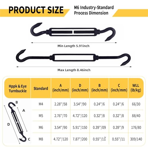 10 Pack Black 304 Stainless Steel M6 Hook and Hook Turnbuckle, Heavy Duty Wire Rope Tensioner, Adjustable Hardware Kit for DIY String Light Hanging, Shade Sail, Clothesline & Picture Hanging - color: Hook and Hook, size: M6-10 Pcs
