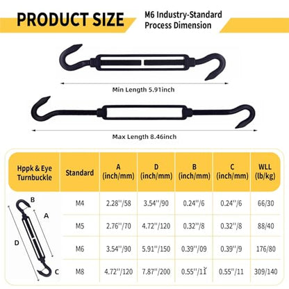 10 Pack Black 304 Stainless Steel M6 Hook and Hook Turnbuckle, Heavy Duty Wire Rope Tensioner, Adjustable Hardware Kit for DIY String Light Hanging, Shade Sail, Clothesline & Picture Hanging - color: Hook and Hook, size: M6-10 Pcs