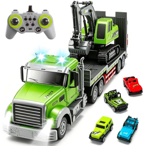 Fistone RC Semi-Trailer Truck & Excavator Toy Set, 1:12 Scale with Sound and Lights, 2.4Ghz Remote Control Flatbed Truck and Excavator Toys for Boys 6-12 Years Old - style: Truck & Excavator Toy