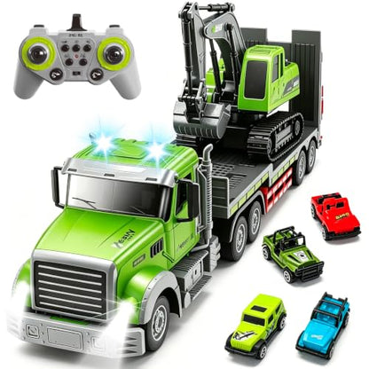 Fistone RC Semi-Trailer Truck & Excavator Toy Set, 1:12 Scale with Sound and Lights, 2.4Ghz Remote Control Flatbed Truck and Excavator Toys for Boys 6-12 Years Old - style: Truck & Excavator Toy
