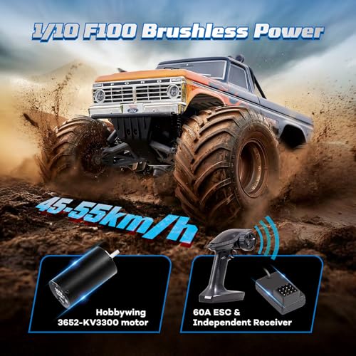 BEEZRC FMS RC Truck 1/10 Ford F-100 Brushless Officially Licensed, Monster Truck, 2WD High Speed Off-Road,RC Rock Crawler, Hobby Grade Remote Control Car for Adults RS no Battery (Black) - color: Black