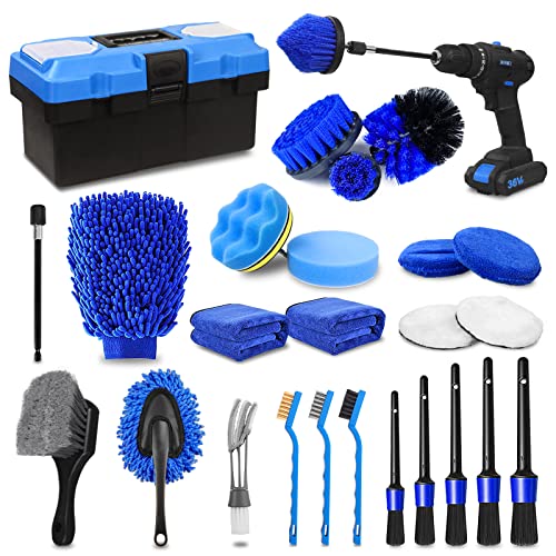TTRCB 27Pcs Car Detailing Kit, Car Cleaning Kit, Car Detailing Brush Set, Drill Brush Set, Car Detailing Brushes, Car Wash Kit, Car Accessories, Car Cleaning Supplies for Interior, Exterior, Wheels - size: 27PCS-Blue