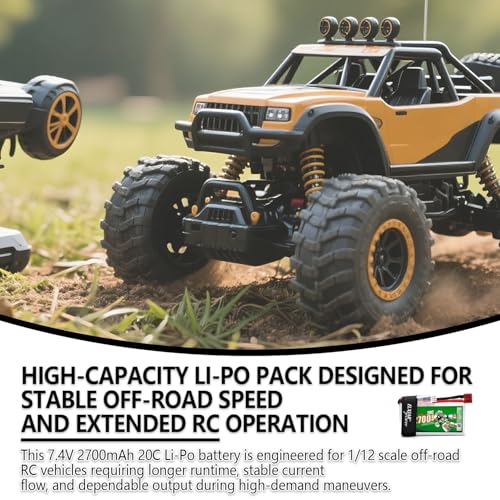 (2-Pack) 7.4V 2700mAh 20C Li-Po Battery for WLTOYS 12428, 12423, 12429 | 2S battery with T-Plug for compatible 1/12 RC cars; includes 2 balance chargers for convenient simultaneous charging.