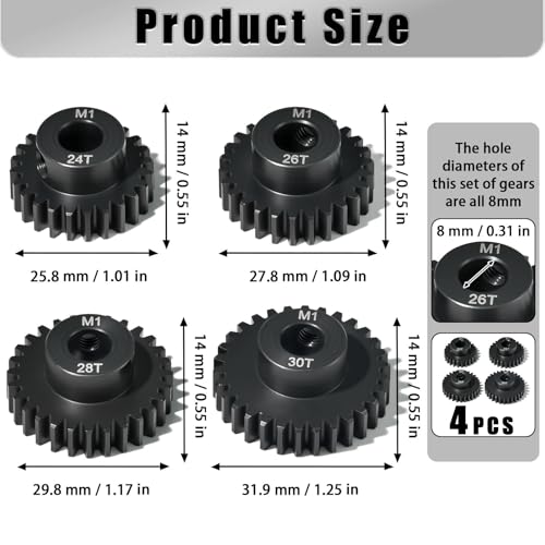 M1 8mm Steel Pinion Gear Set 24T 26T 28T 30T with Laser-Engraved Tooth Count for 1/5 X-Maxx Rc Model Car Buggy Truck Replacement Mod 1 Gear Compatible with Brushed & Brushless Motors 4 Pcs - size: M1-8-24T-26T-28T-30T