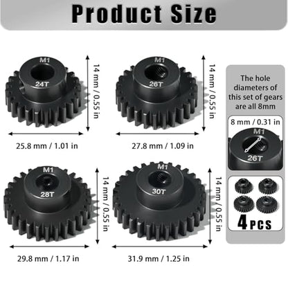 M1 8mm Steel Pinion Gear Set 24T 26T 28T 30T with Laser-Engraved Tooth Count for 1/5 X-Maxx Rc Model Car Buggy Truck Replacement Mod 1 Gear Compatible with Brushed & Brushless Motors 4 Pcs - size: M1-8-24T-26T-28T-30T