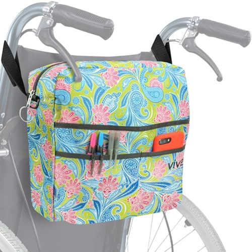 Vive Wheelchair Bag - Machine Washable, Double-Stitched, Water-Resistant Accessory Backpack for Rollators, Wheel Chairs, Walkers - Pouch with XL Pockets & Straps for Quick Installation(Green Paisely) - color: Green Paisely