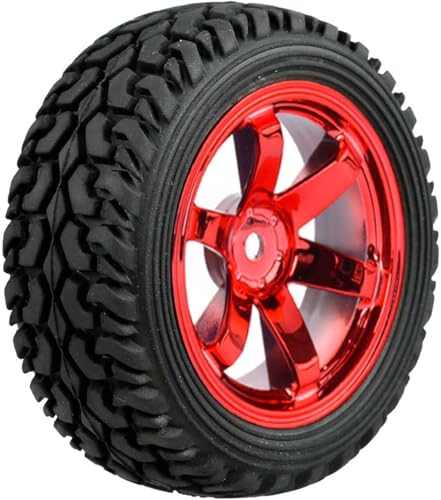 4PCS 75mm Rubber Tires and 6Spokes Plastic Wheel Rims Tyre for 1/10 RC On-Road Drift Racing Car 1:14 1:16 Rally Car for Tamiya Kyosho HPI HSP TT02 Upgrades Parts (Red) - color: Red