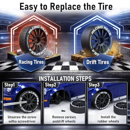 1:20 RC Drift Car, 2.4GHz 4WD 360° Fixed Point Drift for Boys | 50 min playtime with 2 batteries, 2 tire sets (drift & off-road), 3 LED lights, great gift for kids 6-12 - color: Deep Blue