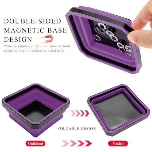 Collapsible Magnetic Parts Tray, 4.5" Square Silicone Tool Tray with Dual-Sided Magnetic Base, Foldable Small Metal Parts Organizer Storage Bowl for Screws Bolts Nuts Washers (Purple) - color: Purple