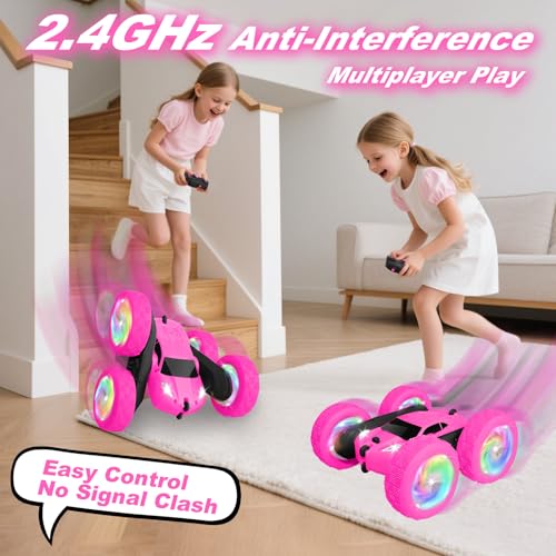 Remote Control Car, RC Cars for Girls, 2.4 GHz Double Sided RC Crawler with Upgraded USB-C Modular Battery, 360°Rotating Car Toys for 6 7 8 9 10 11 12 Year Old Girl Birthday Gift Rose - color: Rose