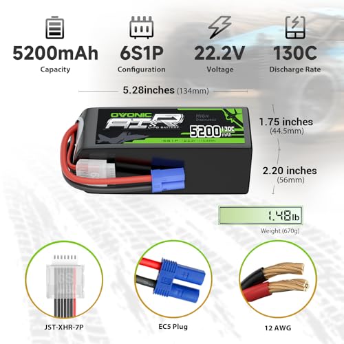 OVONIC 6S LiPo Battery 5200mAh 22.2V 130C RC Battery EC5 Connector