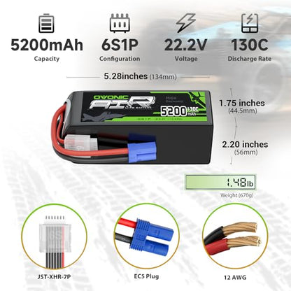 OVONIC 6S LiPo Battery 5200mAh 22.2V 130C RC Battery EC5 Connector