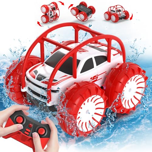 MaxTronic Amphibious Remote Control Car,Rechargeable RC Cars Toy 360° Flips Rotation Stunt Crawler 15KM/H 4WD All Terrain Outdoor Indoor Toy for Kids Boys Girls 3-12 - color: Red