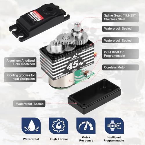 HobbyPark 45kg Servo High Torque Waterproof RC Steering Servo Metal Gear Digital Servo Stainless Steel Gears for 1/7 1/8 1/10 RC Crawler Car Truck Buggy Powerful & Fast (Coreless Motor)