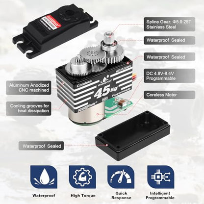 HobbyPark 45kg Servo High Torque Waterproof RC Steering Servo Metal Gear Digital Servo Stainless Steel Gears for 1/7 1/8 1/10 RC Crawler Car Truck Buggy Powerful & Fast (Coreless Motor)
