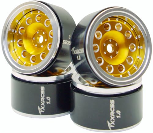 RC 1.0 Beadlock Wheels Offsets -2 Aluminum Rims for AX24 1/18 TRX4M All 1/24 Scale SCX24 Deadbolt RC Crawler Car Wheels Upgrades 4Pc (Golden & Silver) - color: Golden & Silver