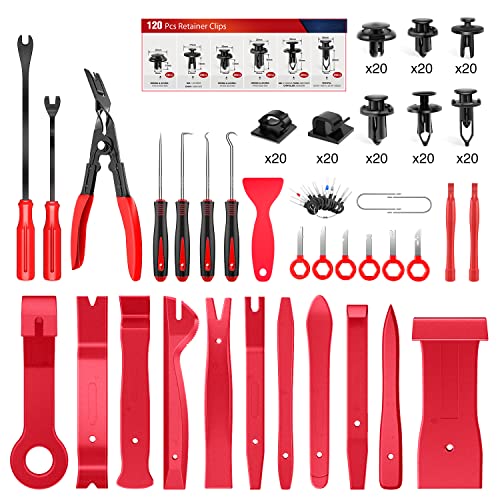 Nilight 200Pcs Trim Removal Tool, Auto Push Pin Bumper Retainer Clip Set | Fastener Terminal Remover Adhesive Cable Clips Round Handle Crowbar Kit Car Panel Radio Auto Clip Pliers - color: 200 Clips+ Remover Tools Red