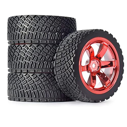 4PCS 65mm RC Rally Car Rubber Tires and 6-Spokes Wheel Rims 12mm Hex Compatible with 1/10 RC On-Road Rally Racing Car HSP Tamiya Sakura HPI WR8 HSP TT02 WLtoys (Red) - color: Red