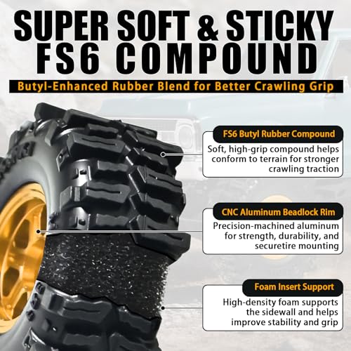 0.7” FS6 Super Soft Rubber Tires & CNC -1mm Offset Aluminum Beadlock Rims, 40×16mm Micro Crawler Wheels Tires Set for Axial SCX30 Redcat Ascent-32 1/30–1/32 RC Crawler, 4PCS Gold - color: Gold