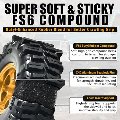 0.7” FS6 Super Soft Rubber Tires & CNC -1mm Offset Aluminum Beadlock Rims, 40×16mm Micro Crawler Wheels Tires Set for Axial SCX30 Redcat Ascent-32 1/30–1/32 RC Crawler, 4PCS Gold - color: Gold