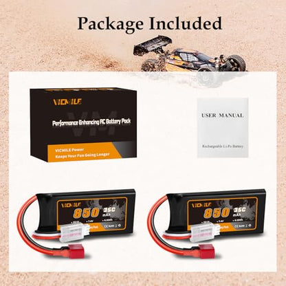7.4V Lipo Battery Super Thin 2S 850mAh RC Battery with Dean-Style T Plug 35C High Discharge Rate Rechargeable Fit for DEERC WLtoys HBX Most 1/10 1/16 1/18 1/24 Scale RC Car Truck