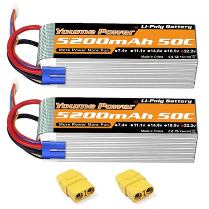 Youme 6S Lipo Battery 22.2V 5200mAh 50C EC5 Plug 2Packs for RC Car Truck | 22.2V 6S lipo battery softcase 50C EC5/XT90 plug for 550/600/700 RC Airplane Helicopter,1/7 1/8 RC Car Truck, 70-90mm EDF jet