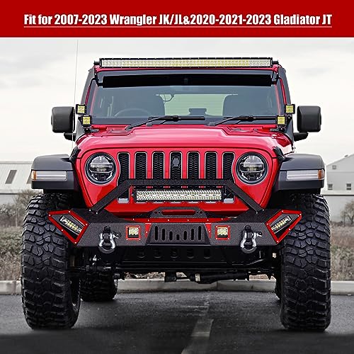 Steel JK Front Bumper with Winch plate is Applicable to 2007-2026 Wrangler JK/JL&2020-2021-2026 Gladiator JT, Black Textured Bumper with LED Light Bar & D-Rings - size: 2007-2026 JK/JL/JT Front Bumper with LED Lights