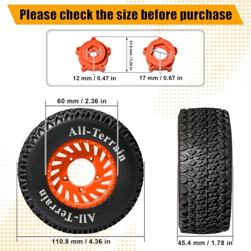 1/10 RC Short Course Truck Tire and Wheel- 12mm/17mm Hex, Orange | All-Terrain Tires and Nylon Wheels Compatible with 1/10 Traxxas Slash 4WD 2WD Arrma Senton Axial Losi Redcat RC Buggy, 4-Pack - color: Orange