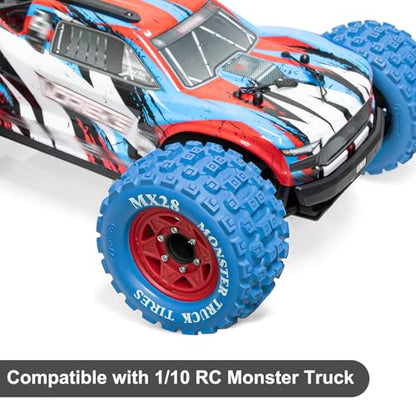 LRFHL MX28 F/R 2.8" RC Monster Truck Tires and Wheels 4PCS, Blue | 12mm/14mm Hex Adapter, 1/10 RC Monster Truck, Compatible with Traxxas Stampede Rustler Redcat Arrma Vorteks Big Rock Granite - color: Blue Tires+ Red Hex Wheel-4