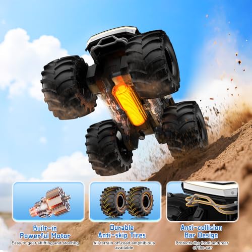 Remote Control Car with LED Eyes, Amphibious Monster Truck Boys Toys RC Cars, 2.4 GHz Waterproof RC Trucks, Rechargeable 4WD All Terrain Off-Road Pickup, Boy Christmas Birthday Gifts Kids Toys Ages 6+ - color: Light Silver